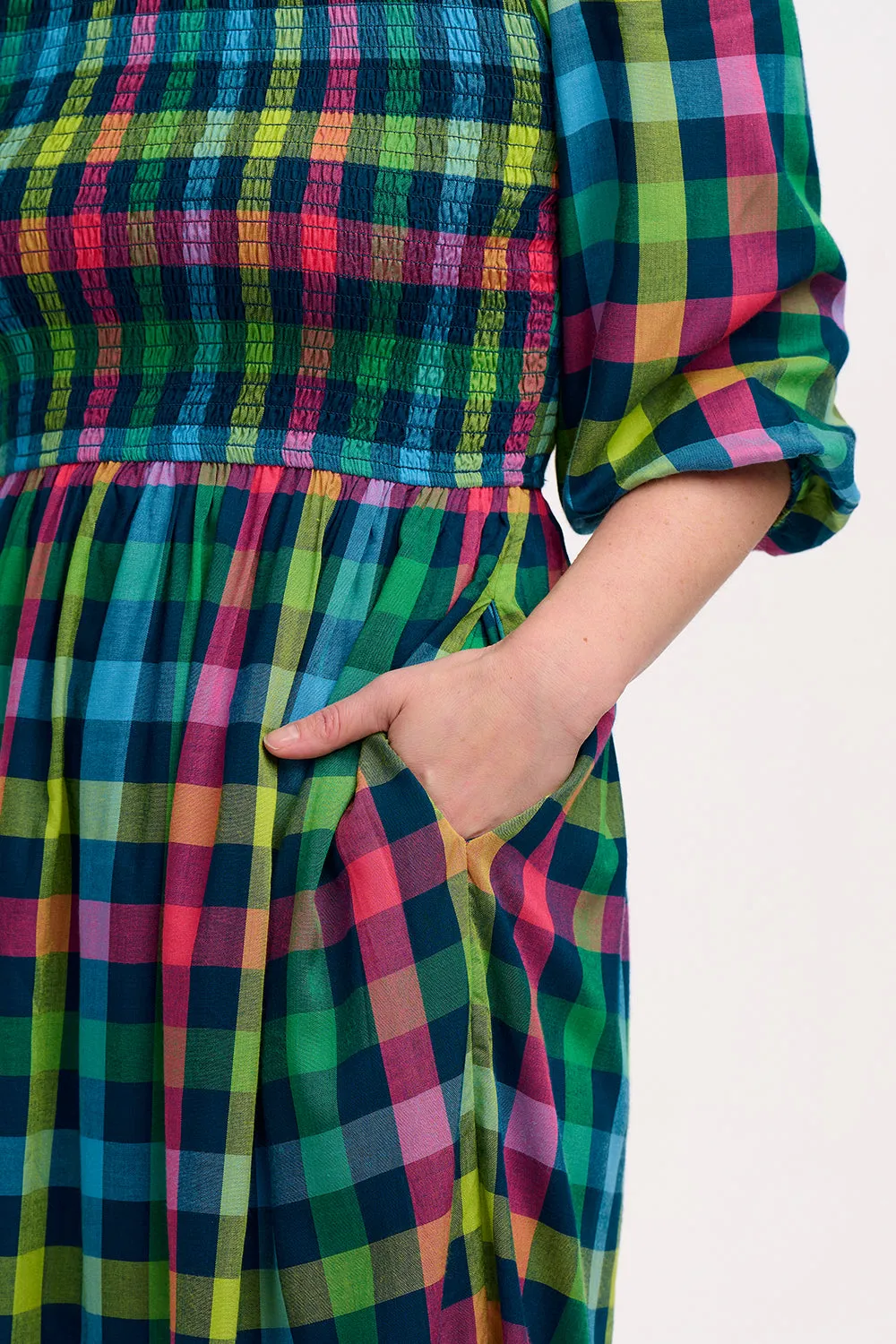 Ursula Shirred Midi Dress - Multi. Midnight Gingham
