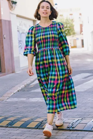 Ursula Shirred Midi Dress - Multi. Midnight Gingham