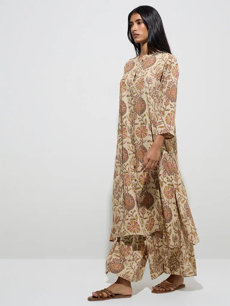 Utsa Beige Floral Printed A-Line Kurta