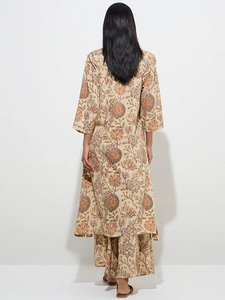 Utsa Beige Floral Printed A-Line Kurta