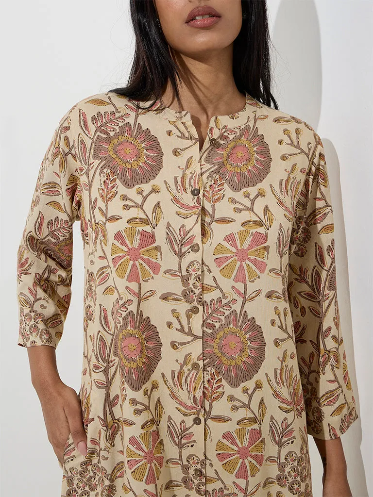 Utsa Beige Floral Printed A-Line Kurta