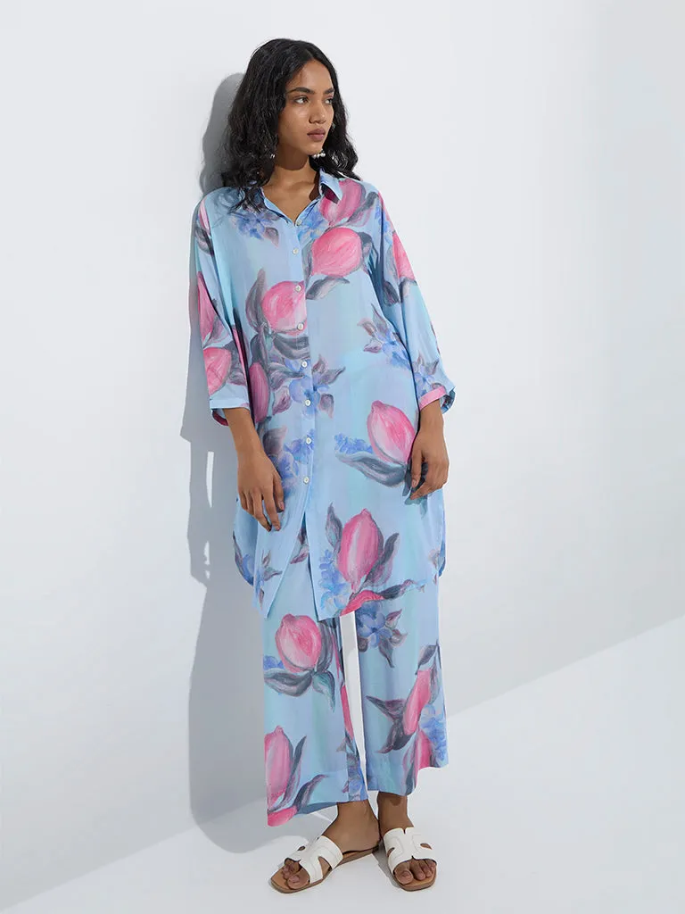 Utsa Blue Floral Printed A-Line Kurta