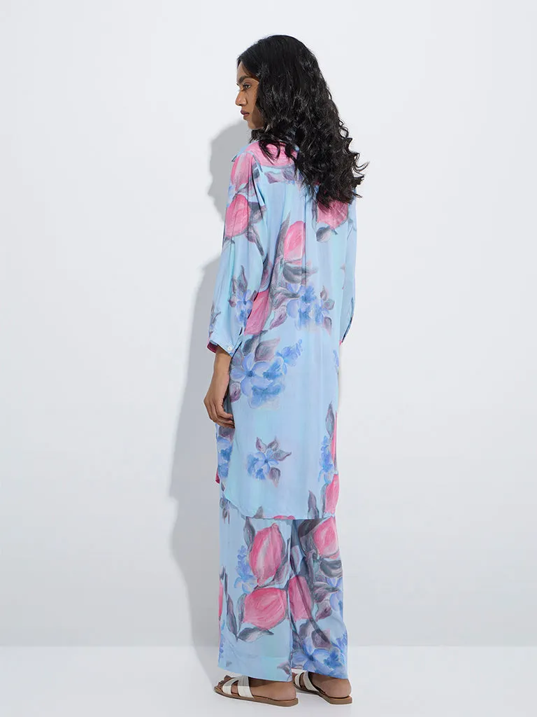 Utsa Blue Floral Printed A-Line Kurta
