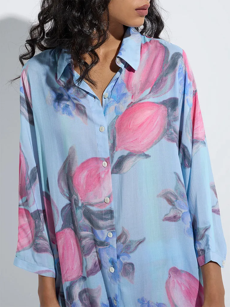 Utsa Blue Floral Printed A-Line Kurta