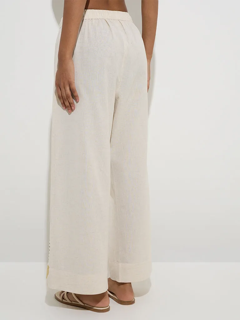 Utsa Off-White Geometric Design Cotton-Blend Palazzos