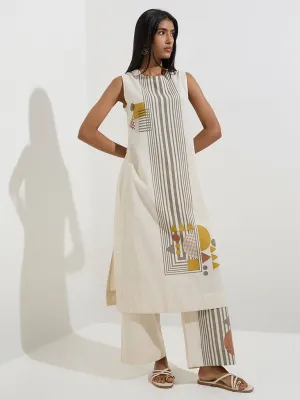 Utsa Off-White Geometric Design Cotton-Blend Palazzos
