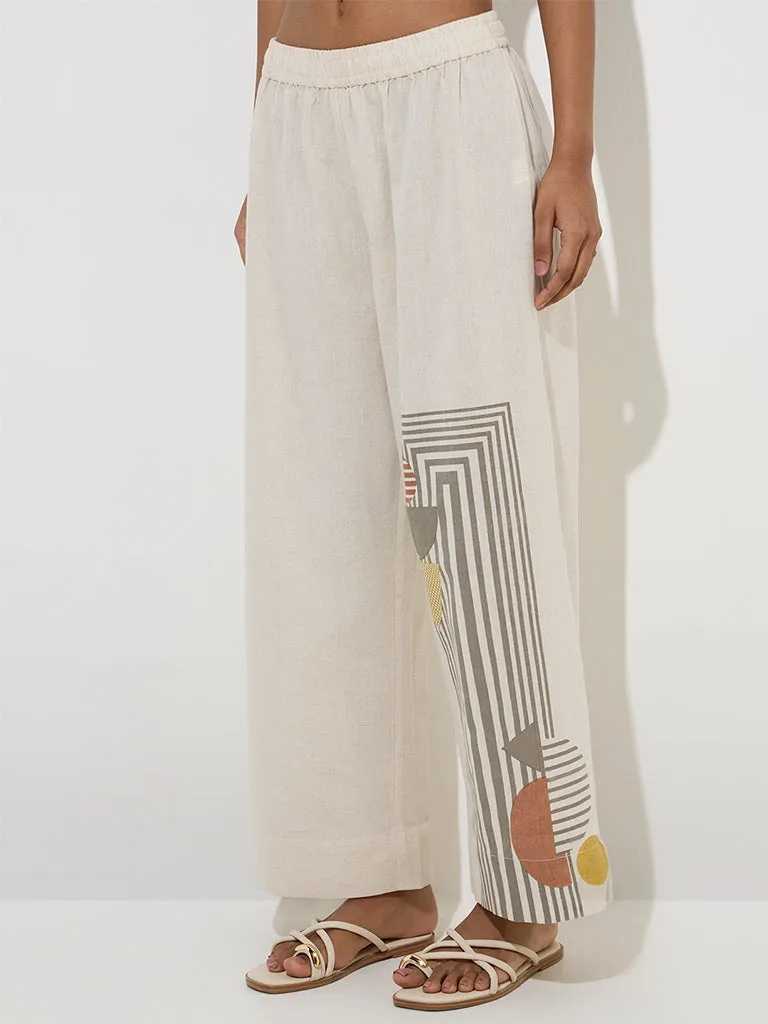 Utsa Off-White Geometric Design Cotton-Blend Palazzos