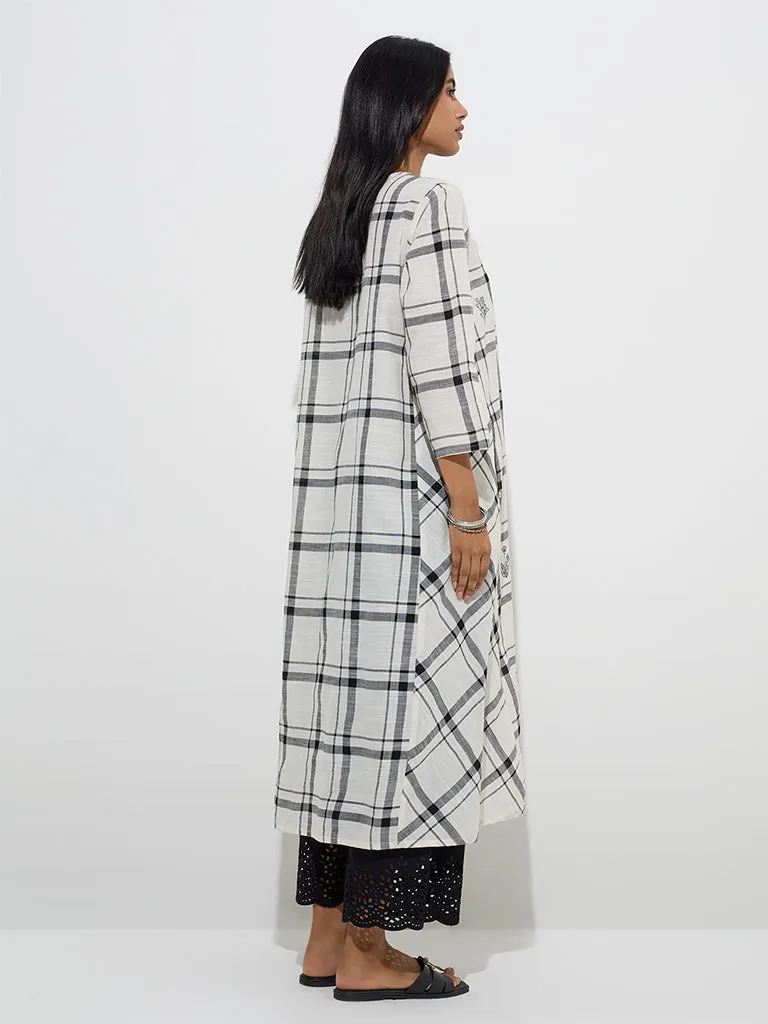 Utsa White Checkered Cotton A-Line Kurta