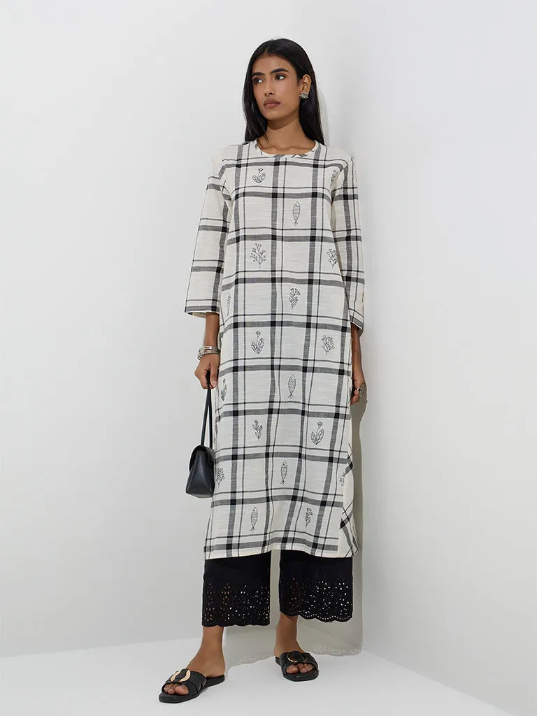 Utsa White Checkered Cotton A-Line Kurta