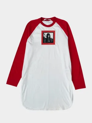 Vestito Bianco Manica Lunga Rossa Con Stampa Ricamata