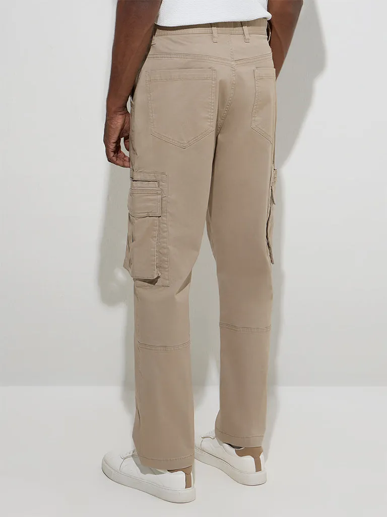 WES Casuals Beige Relaxed-Fit Mid-Rise Cotton-Blend Pants