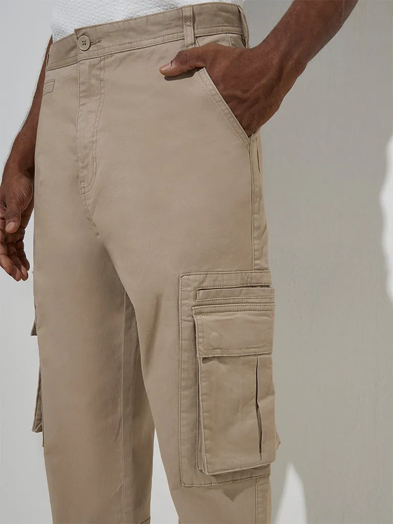 WES Casuals Beige Relaxed-Fit Mid-Rise Cotton-Blend Pants