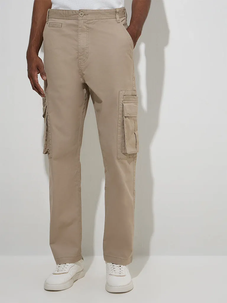 WES Casuals Beige Relaxed-Fit Mid-Rise Cotton-Blend Pants