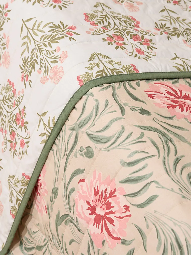 Westside Home Beige Floral Patterned Reversible Quilted Queen Bed Comforter