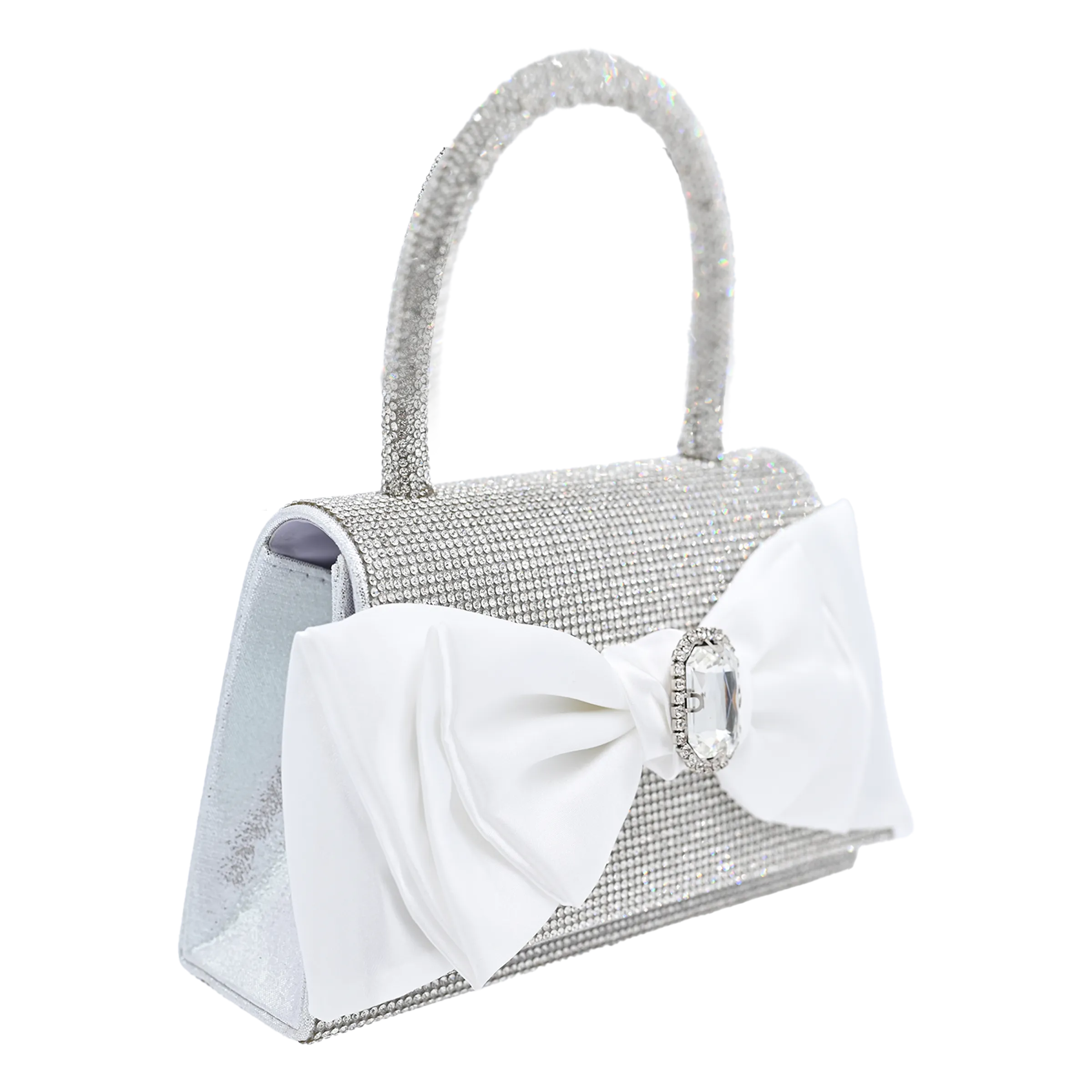 White Bow Accented Silver Rhinestone Handbag