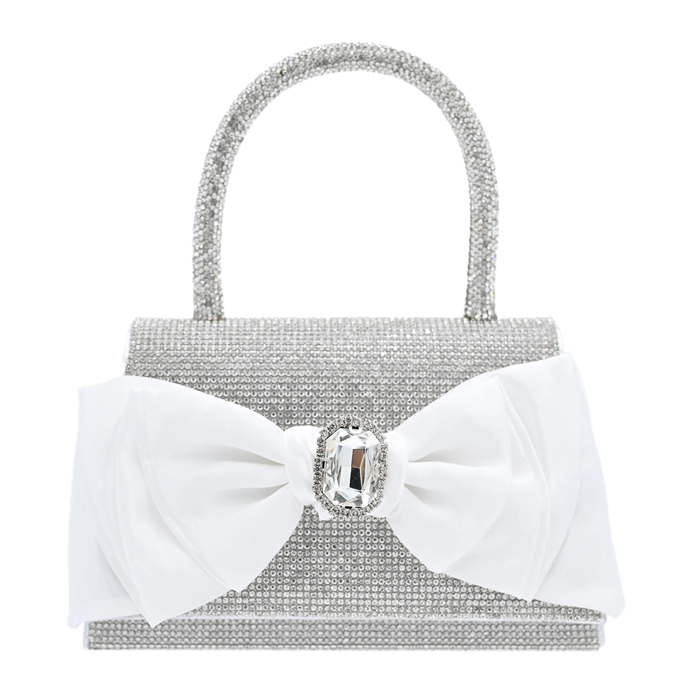 White Bow Accented Silver Rhinestone Handbag