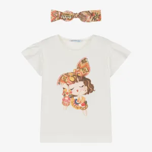 White Floral Bow Graphic T-Shirt & Headband