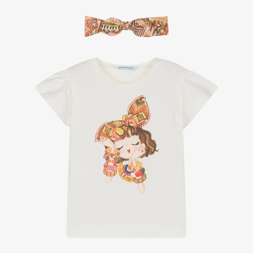 White Floral Bow Graphic T-Shirt & Headband