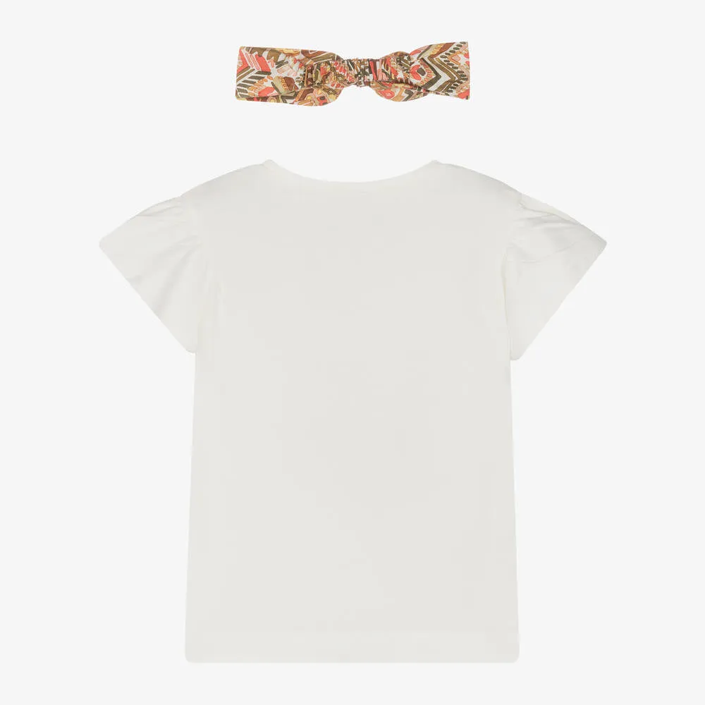 White Floral Bow Graphic T-Shirt & Headband