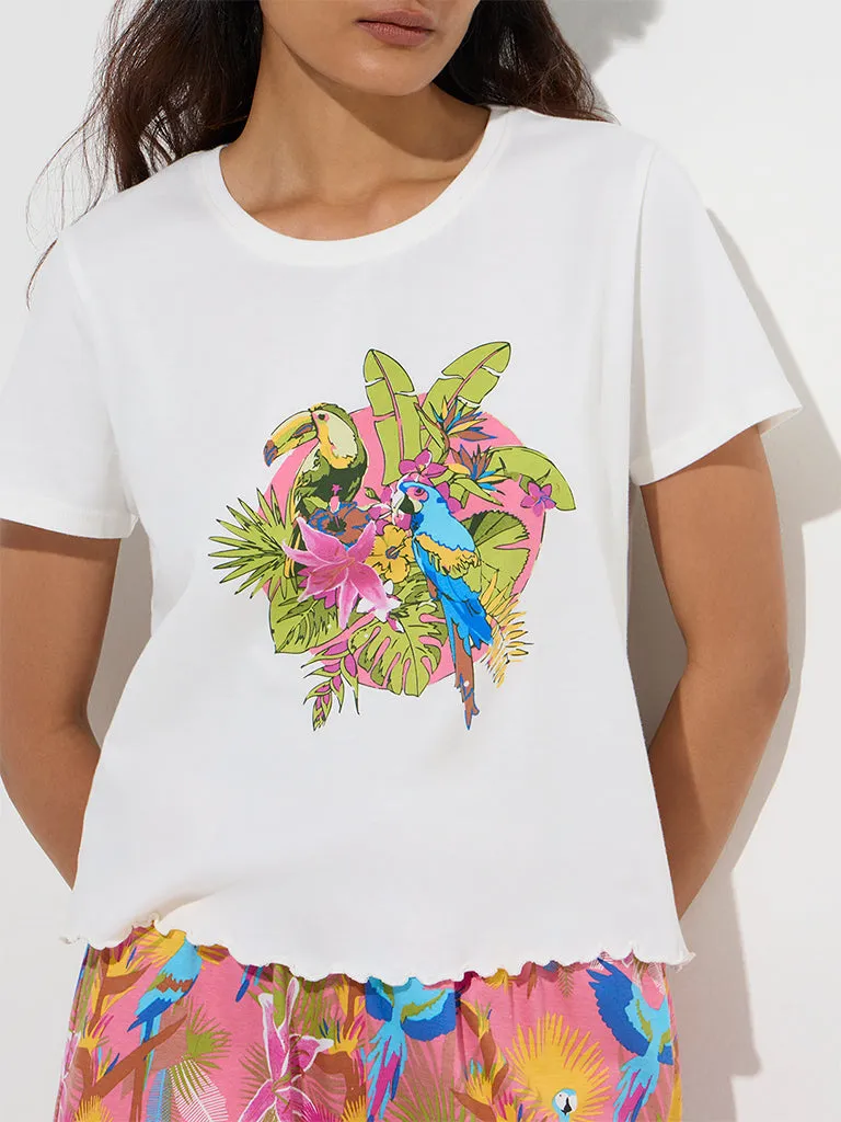 Wunderlove White Printed Cotton Shorts Set In A Bag