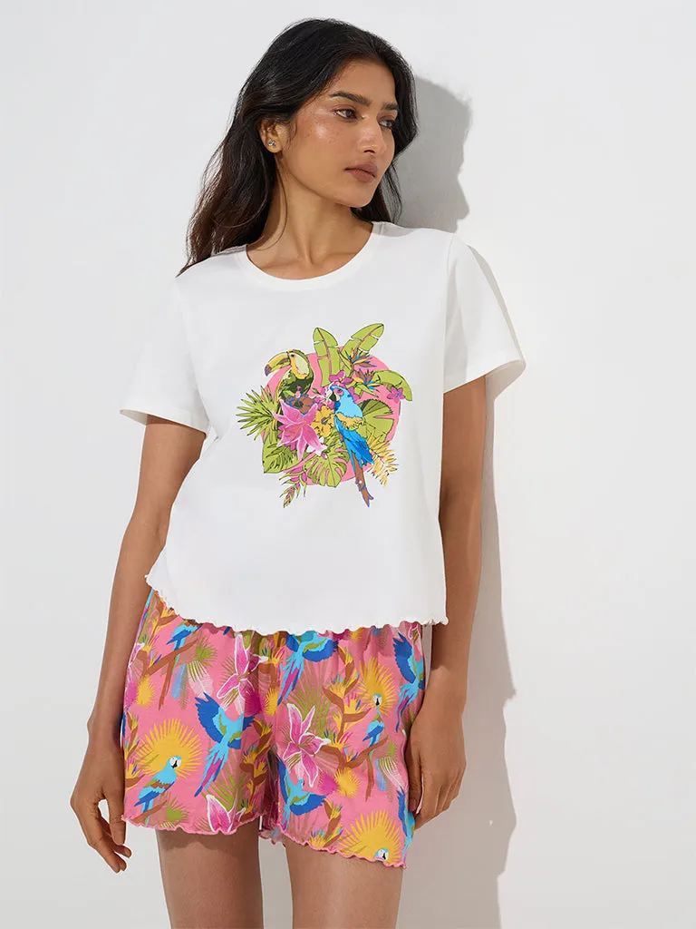 Wunderlove White Printed Cotton Shorts Set In A Bag