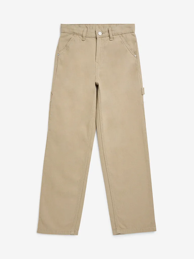 Y&F Kids Beige Straight-Fit Mid-Rise Jeans