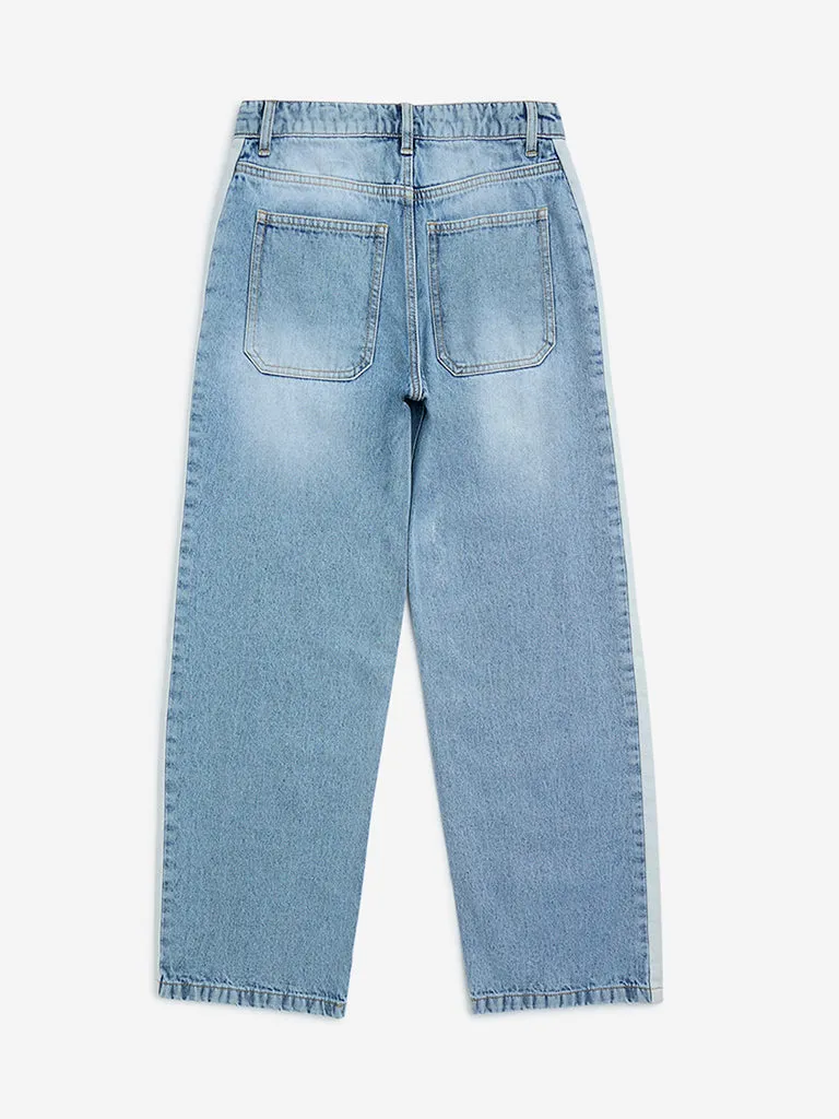 Y&F Kids Blue Faded Straight-Fit Mid-Rise Jeans
