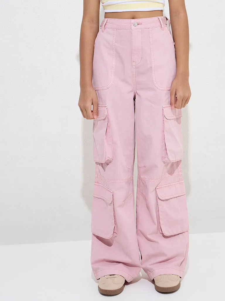 Y&F Kids Dusty Pink Cargo-Style High-Rise Cotton Trousers