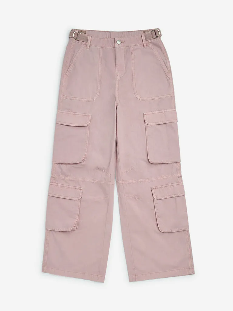 Y&F Kids Dusty Pink Cargo-Style High-Rise Cotton Trousers
