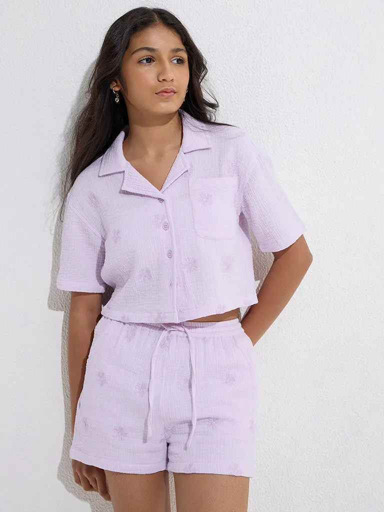 Y&F Kids Lilac Floral Cotton Shirt with Shorts Set