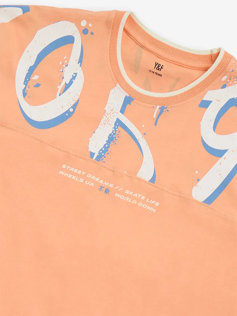 Y&F Kids Orange Text Design Cotton T-Shirt