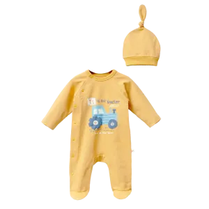 Yellow Tractor Graphic Babygrow & Hat