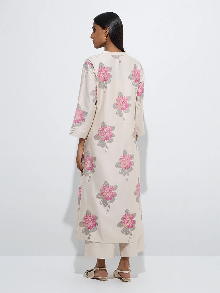 Zuba Beige Floral Printed A-Line Kurta