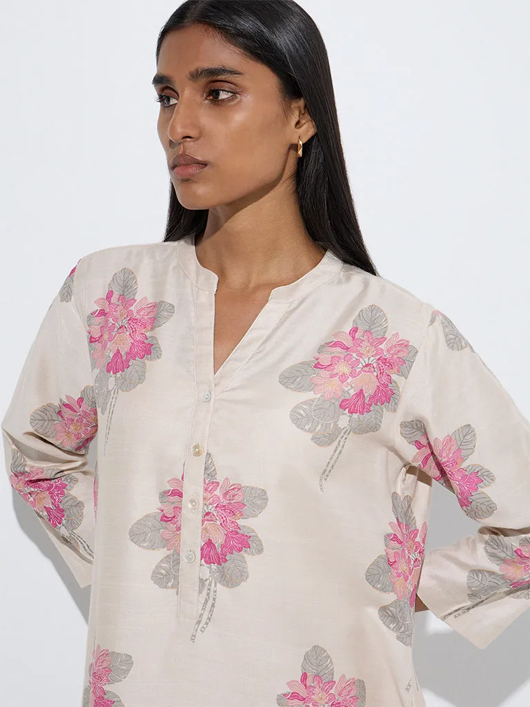 Zuba Beige Floral Printed A-Line Kurta