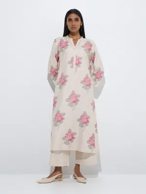Zuba Beige Floral Printed A-Line Kurta