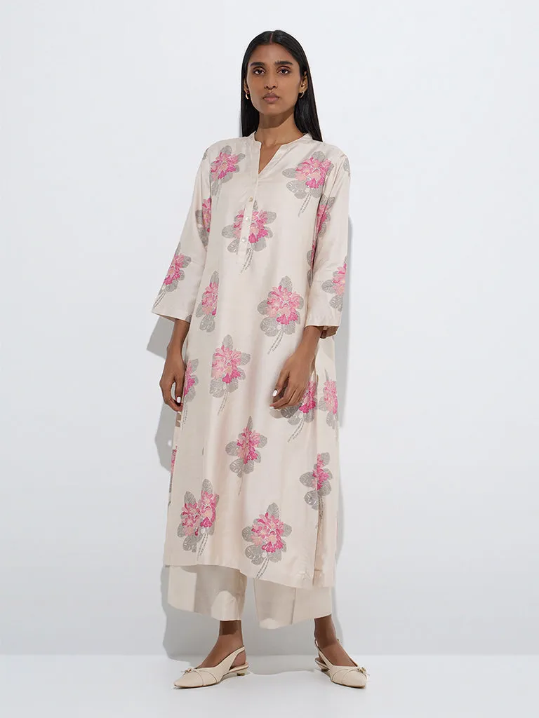 Zuba Beige Floral Printed A-Line Kurta