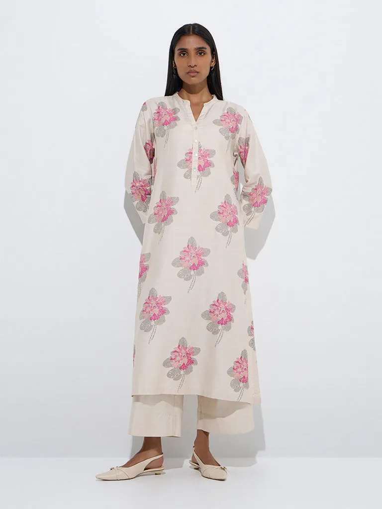 Zuba Beige Floral Printed A-Line Kurta